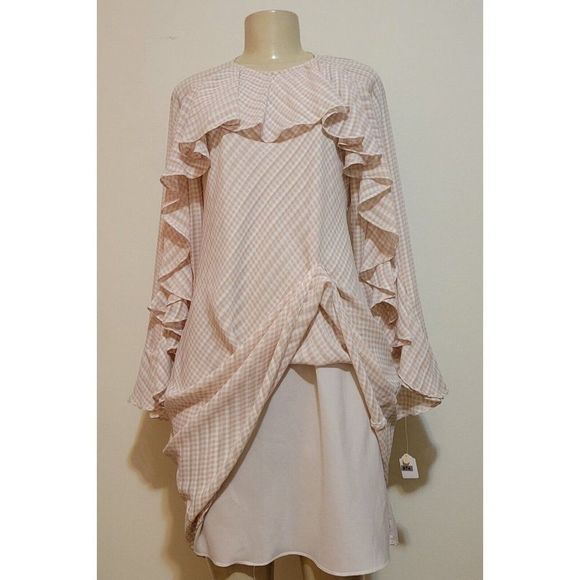 ANTHROPOLOGIE  Donna Morgan  Beige Plaid Long Sleeve Ruffles   Dress Size 4 #974 - Picture 5 of 10